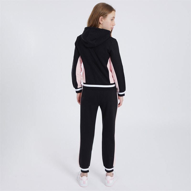Girls Cut And Sew Zip Through Hoodie And Cuffed Joggers Tracksuit Set Black - Image 2