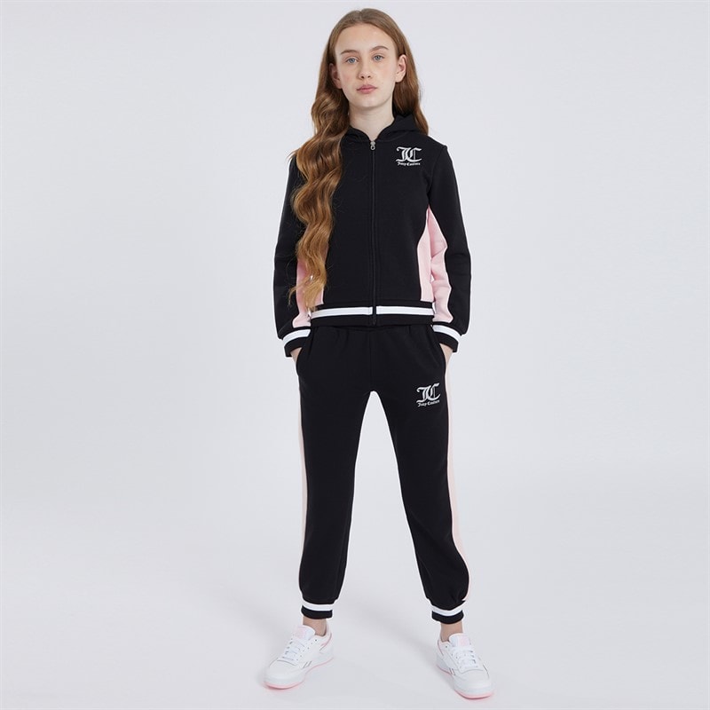 Girls Cut And Sew Zip Through Hoodie And Cuffed Joggers Tracksuit Set Black - Image 3
