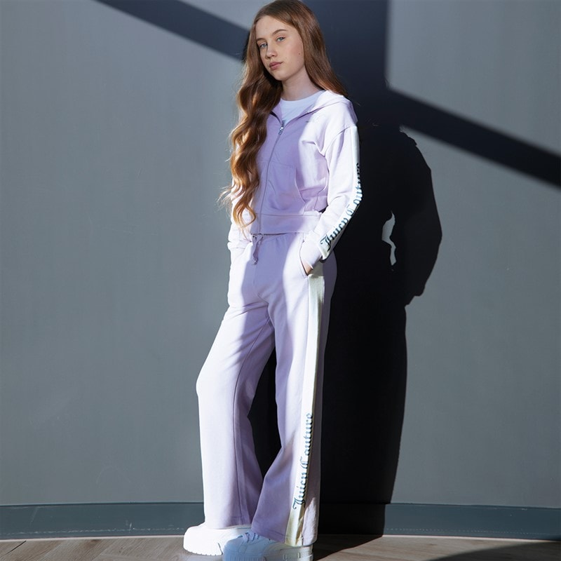Girls Cut And Sew Zip Through Hoodie And Wide Leg Joggers Tracksuit Set Pastel Lilac - Image 3