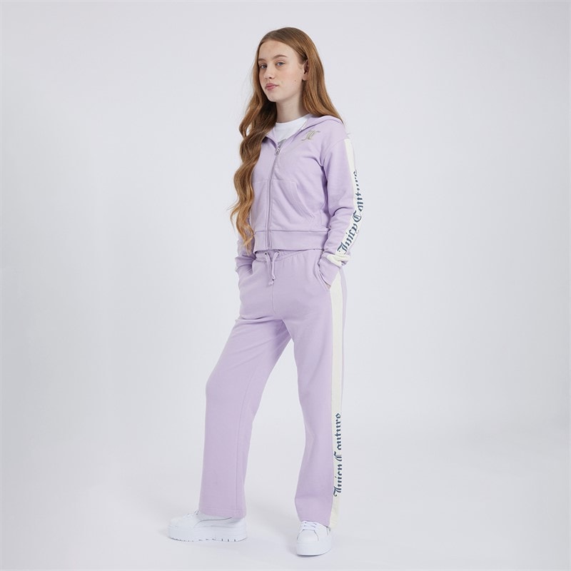Girls Cut And Sew Zip Through Hoodie And Wide Leg Joggers Tracksuit Set Pastel Lilac - Image 4