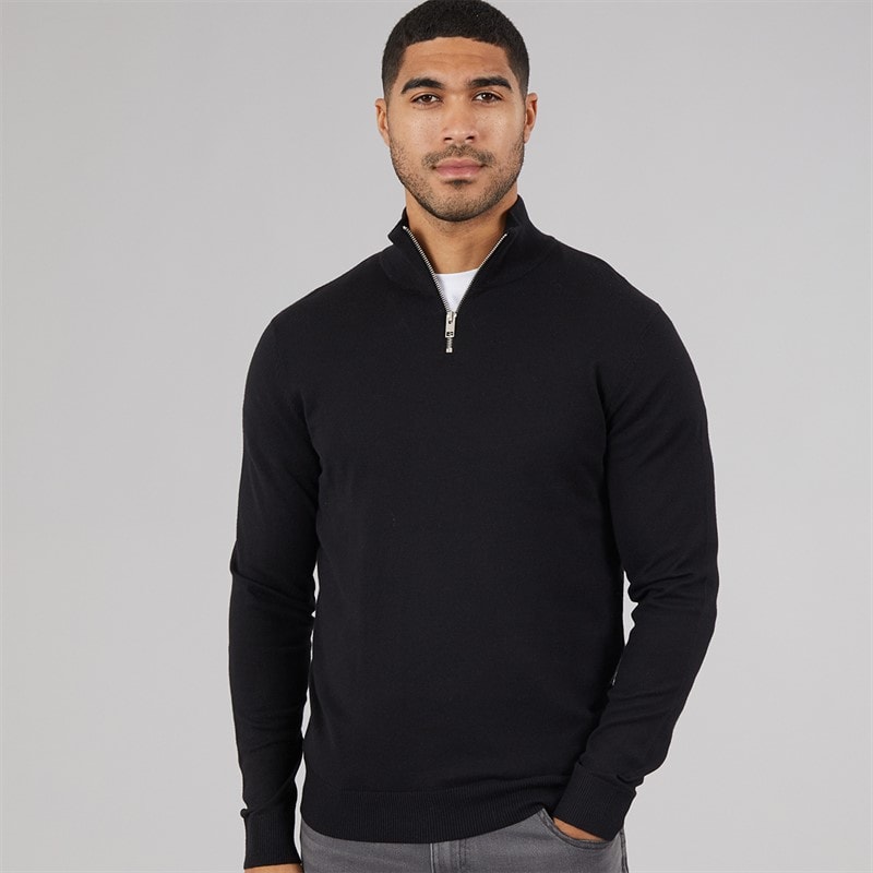 JACK & JONES Mens Emil Knit 1/2 Zip Jumper Black