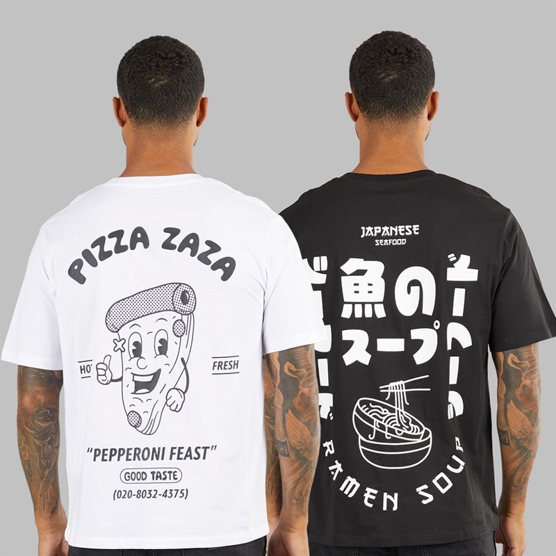 JACK & JONES Mens Relaxed Fit Back Print Two Pack T-Shirts Black/White