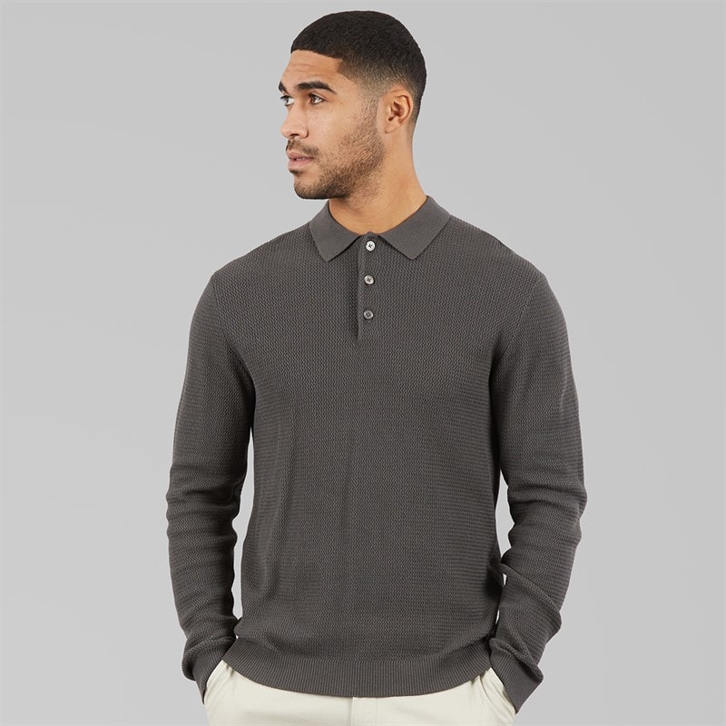 Mens Cooper Knitted Long Sleeve Polo Shirt Volcanic Ash - Image 1