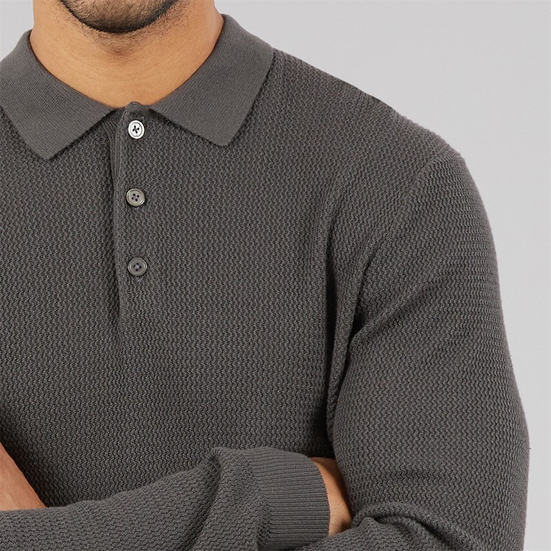 Mens Cooper Knitted Long Sleeve Polo Shirt Volcanic Ash - Image 3