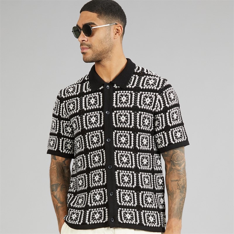 Mens Colin Knit Crochet Polo Shirt Black - Image 1