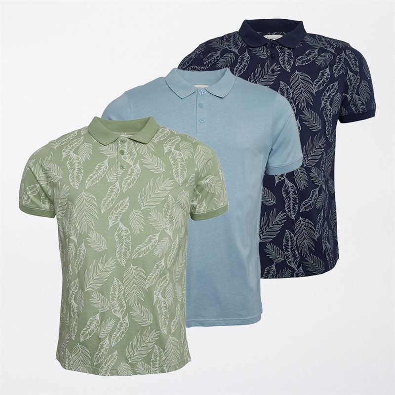 Kangaroo Poo Mens Three Pack Fern Print Polo Shirts Navy/Sage Green/Light Blue Plain