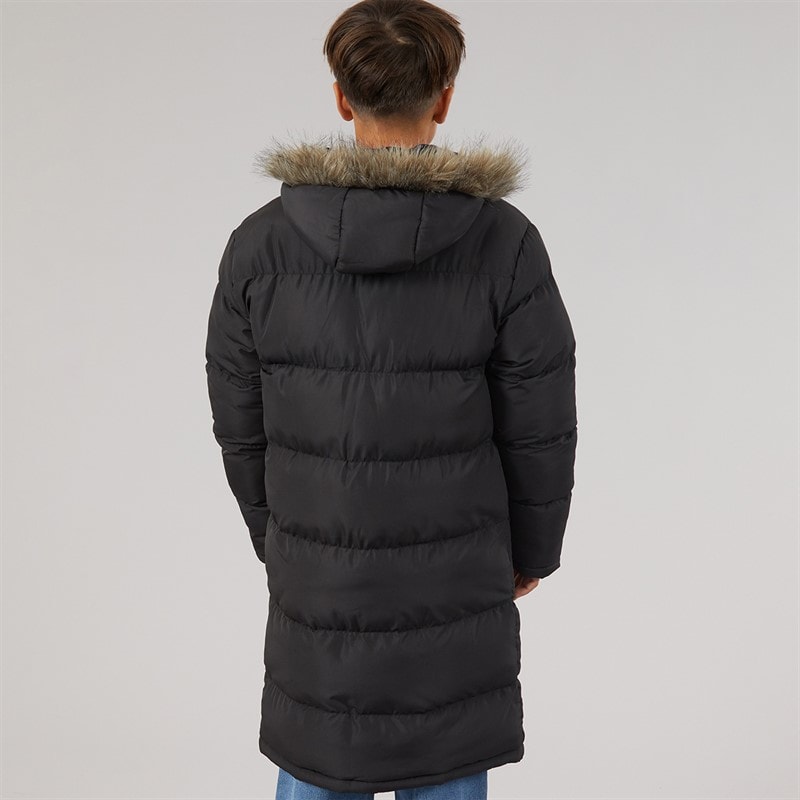 Boys Longline Faux Fur Trim Hooded Coat Black - Image 2