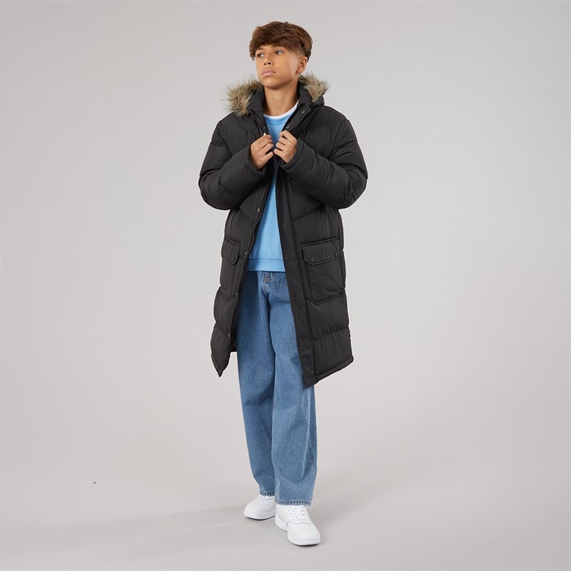 Boys Longline Faux Fur Trim Hooded Coat Black - Image 4