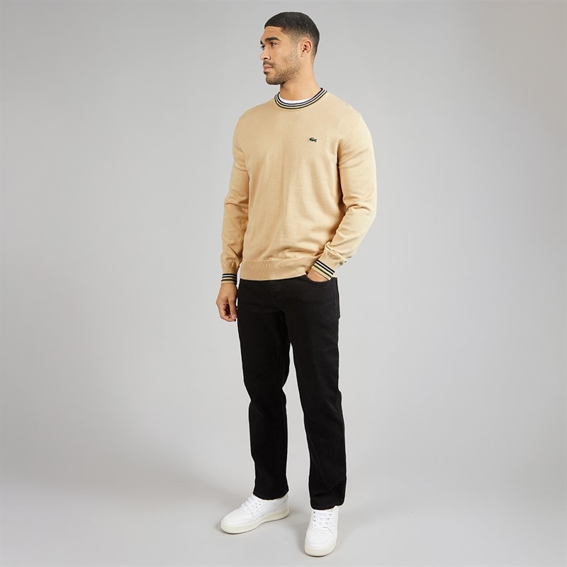 Mens Striped Cotton Jumper Beige/Navy Blue - Image 4