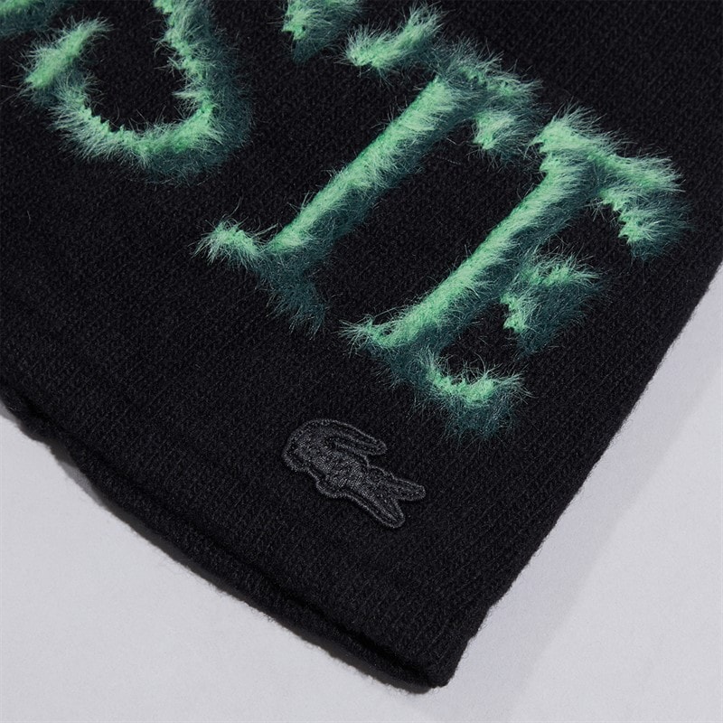 Mens Intarsia Branded Wool Beanie Black/Green - Image 2
