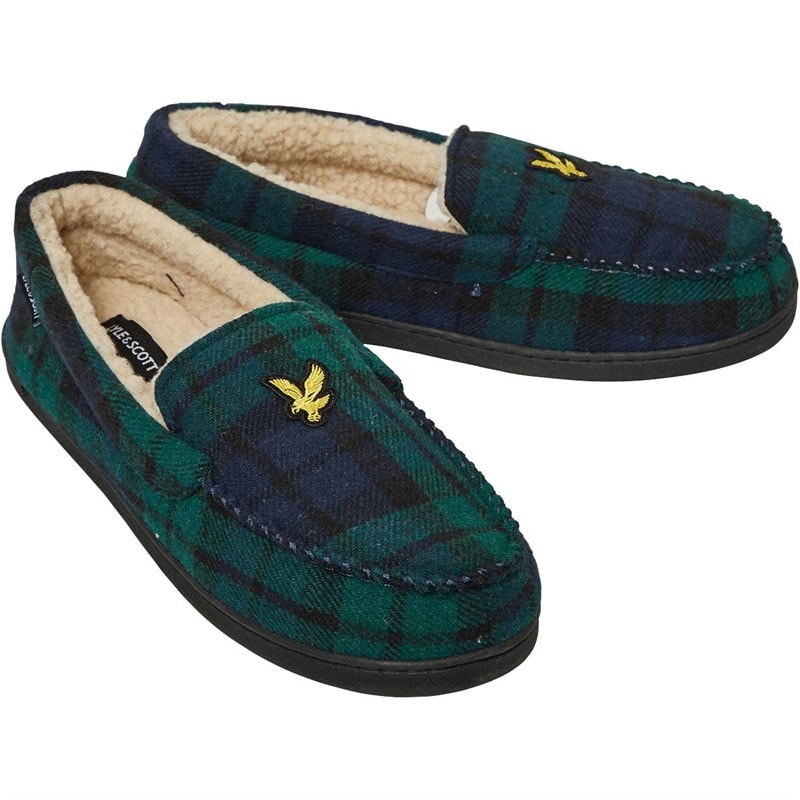 Lyle And Scott Vintage Mens Buster Mocasin Slippers Green Check