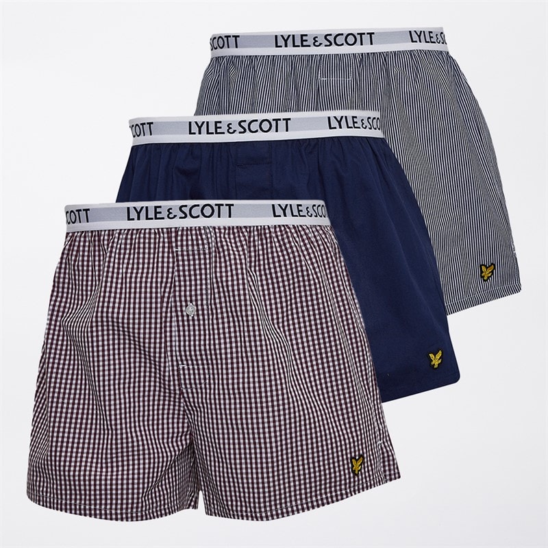 Mens Lenny Three Pack Woven Boxers Stripe/Peacoat/Wine Tasting Gingham - Image 1