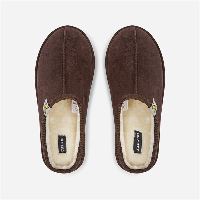 Mens Suede Faux Fur Lined Mule Clog Slippers Dark Brown - Image 3