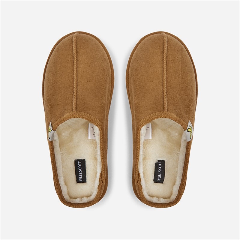 Mens Suede Faux Fur Lined Mule Clog Slippers Saddle Brown - Image 3