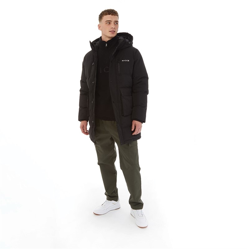 NICCE Mens Vespucci Long Zip Through Hooded Padded Parka Black - Image 3