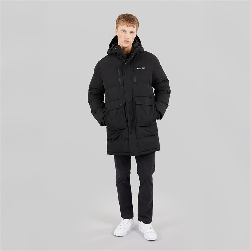 Mens Bakerloo Long Hooded Padded Parka Coat Black - Image 3