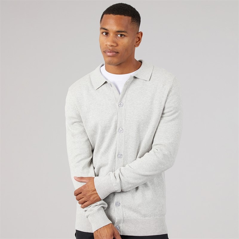 Mens Luxe Slim Fit Polo Collar Knit Jacket Light Grey Marl - Image 3