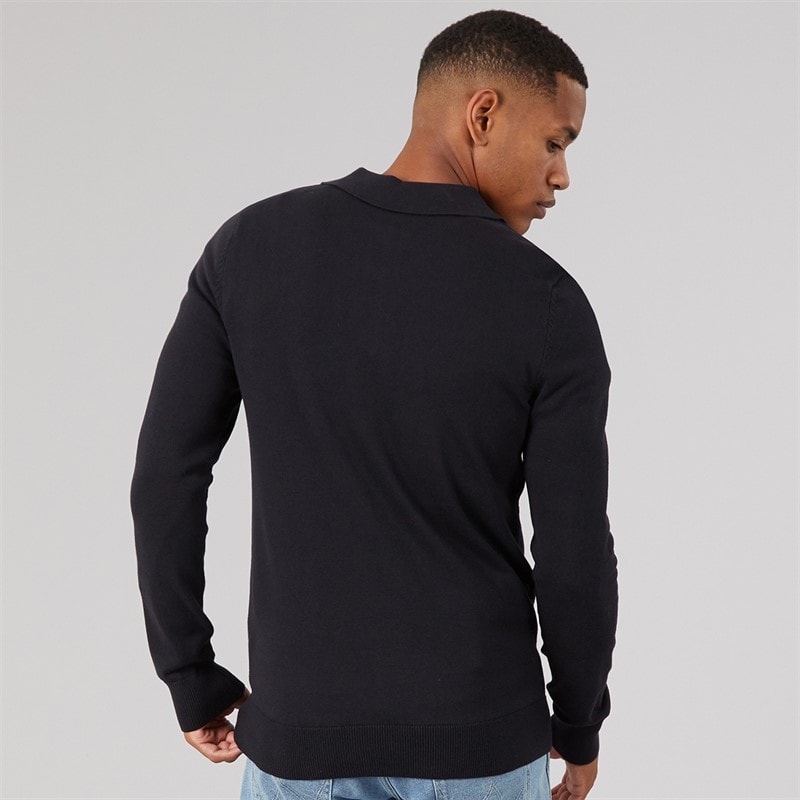 Mens Luxe Slim Fit Zip Knitted Polo Shirt Black - Image 2