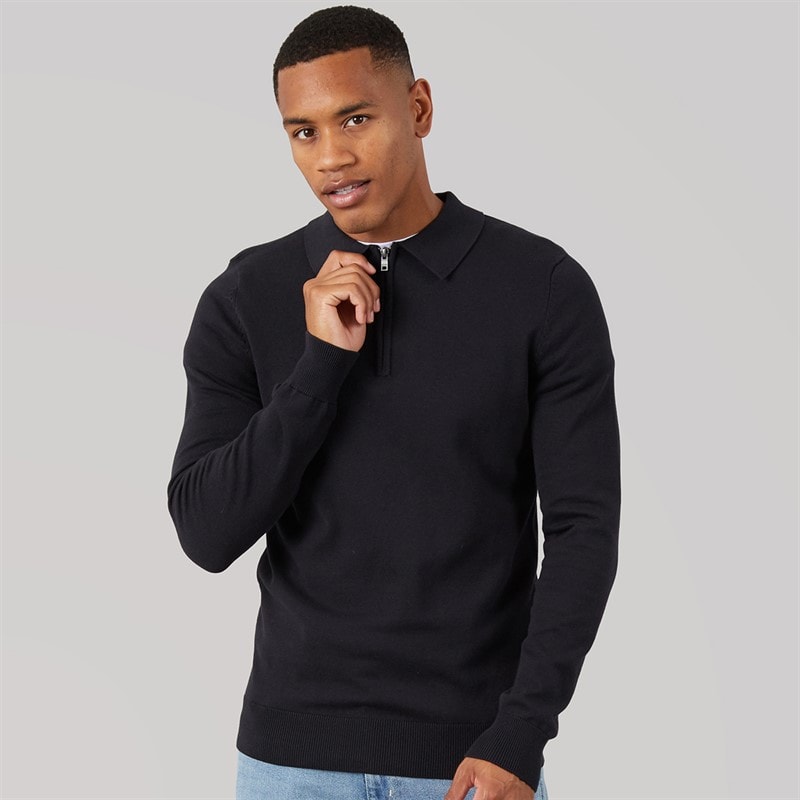 Mens Luxe Slim Fit Zip Knitted Polo Shirt Black - Image 3