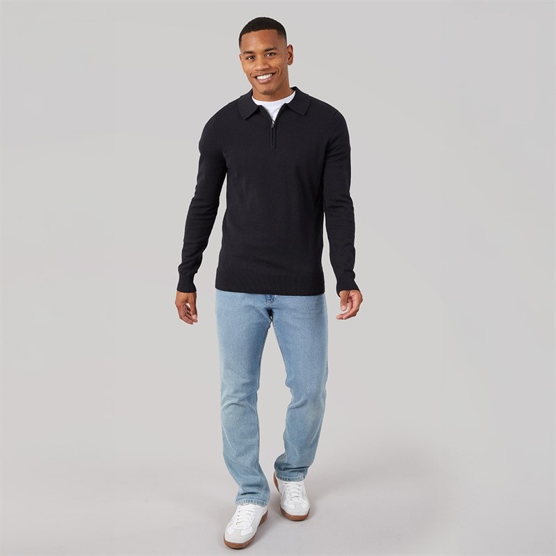 Mens Luxe Slim Fit Zip Knitted Polo Shirt Black - Image 4
