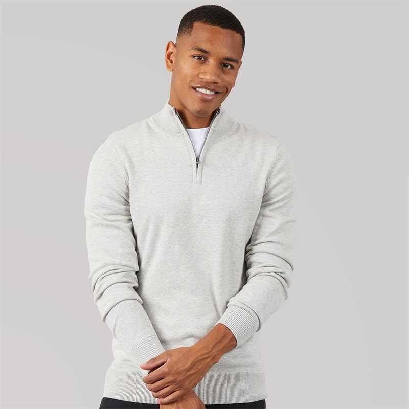 Mens Luxe Slim Fit 1/4 Zip Jumper Light Grey Marl - Image 3