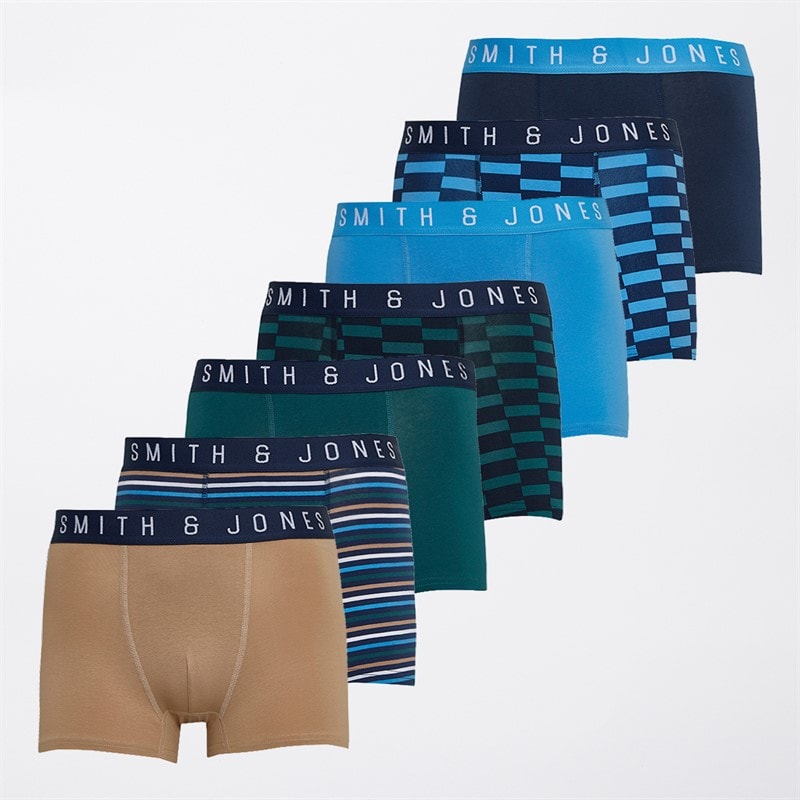 Smith And Jones Mens Culbreth Seven Pack Boxer Shorts Green/AOP/Blue/Taupe/Yarn Dyed Stripe/Navy/AOP