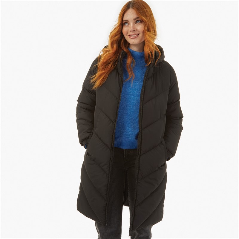 French Connection Womens Long Length Chevron Hooded Puffer Coat Black