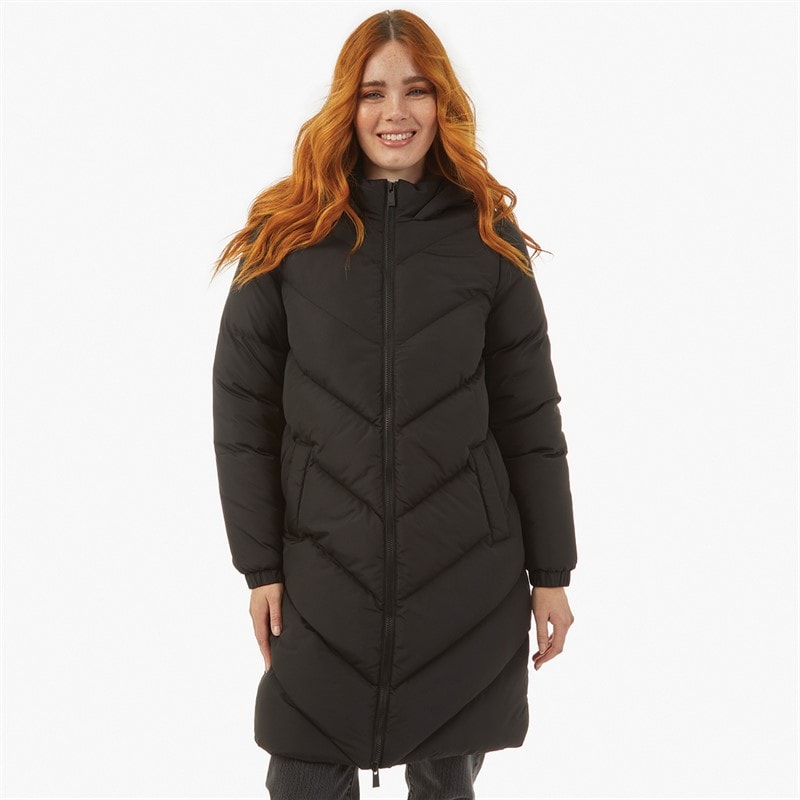 Womens Long Length Chevron Hooded Puffer Coat Black - Image 5