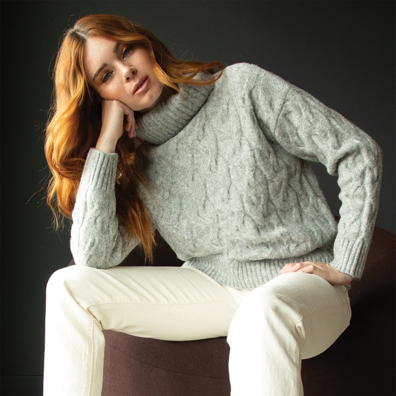 Womens Cable Roll Jumper Light Grey Melange - Image 3