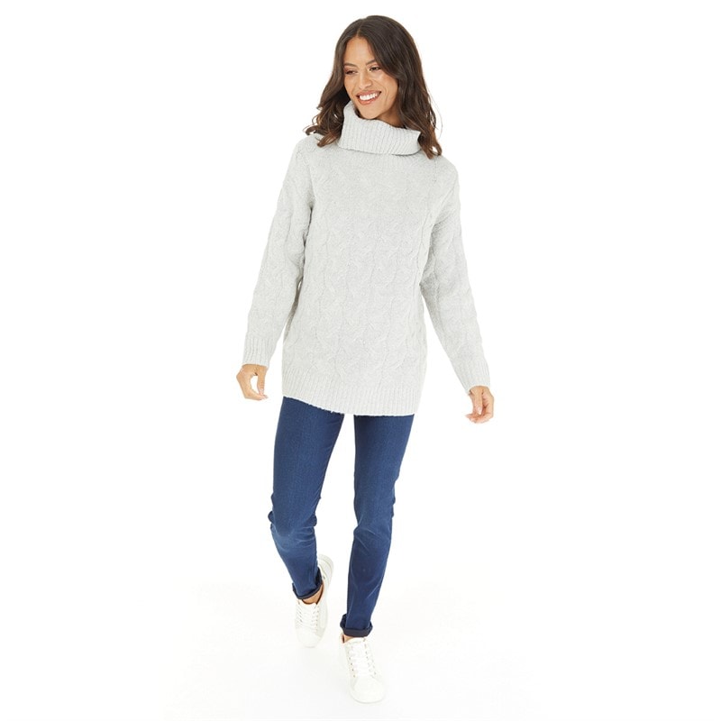 Womens Cable Roll Jumper Light Grey Melange - Image 4