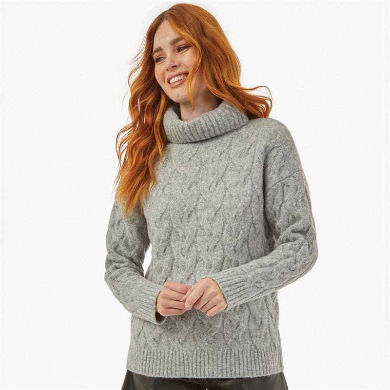 Womens Cable Roll Jumper Light Grey Melange - Image 5