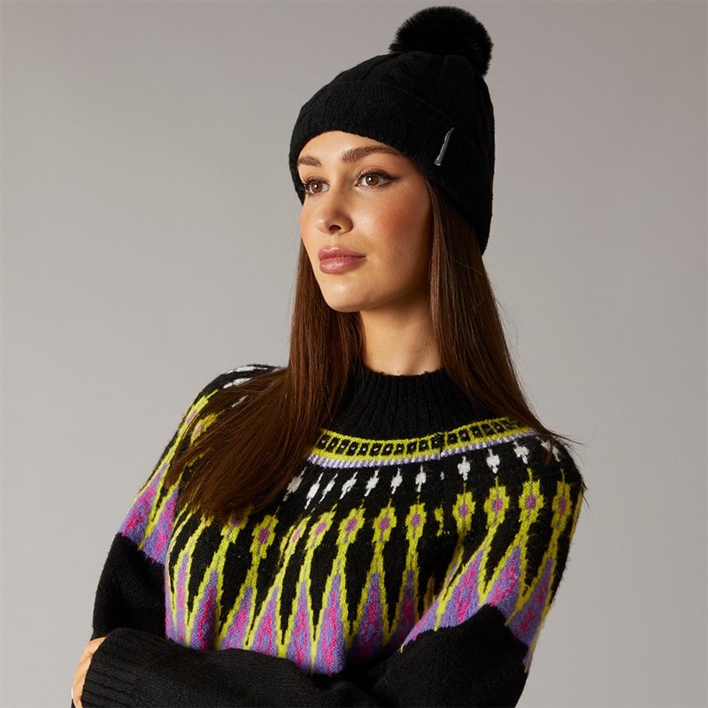 Womens Cable Pom Beanie Black - Image 2