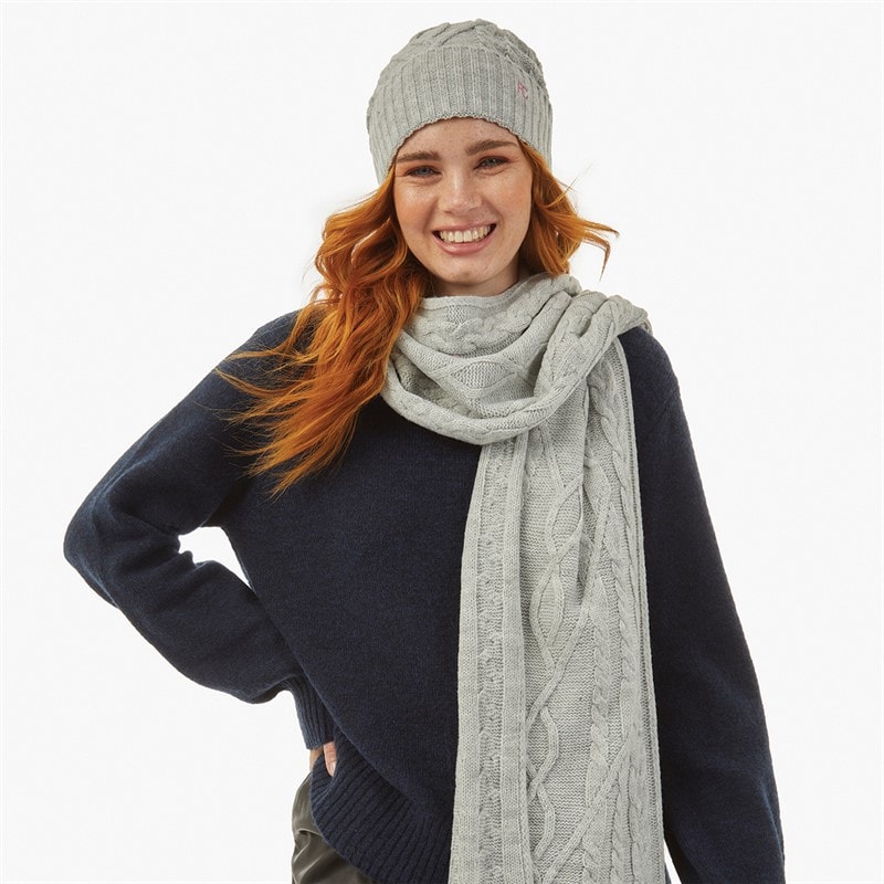 Womens Cable Scarf And Beanie Set Light Grey Marl/Hot Pink - Image 2