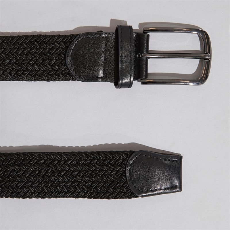 Mens Woven Elastic Belt Black/Black Leather 2 - Image 2