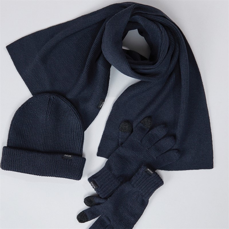 French Connection Mens FCUK Cash Beanie Scarf And Gloves Three Piece Set Marine