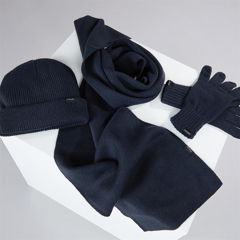Mens FCUK Cash Beanie Scarf And Gloves Three Piece Set Marine - Image 2