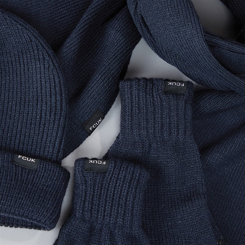 Mens FCUK Cash Beanie Scarf And Gloves Three Piece Set Marine - Image 3