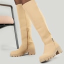 Womens Chunky Knee High Stretch Boots Stone