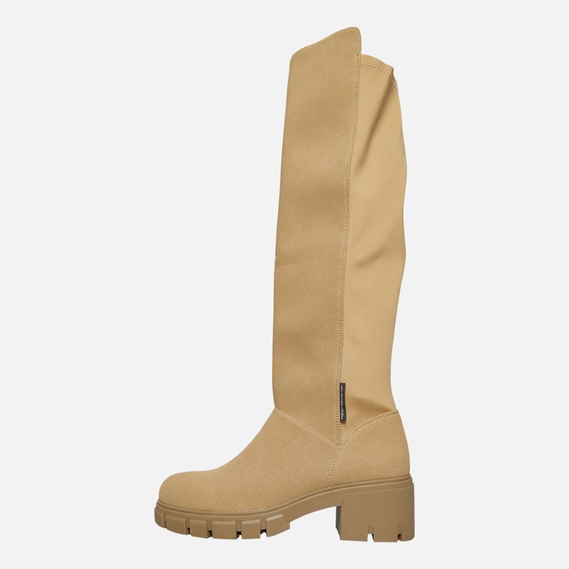 Womens Chunky Knee High Stretch Boots Stone - Image 2
