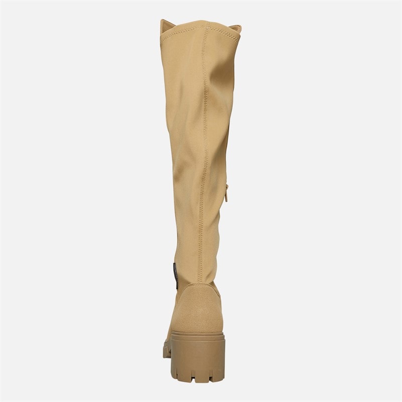 Womens Chunky Knee High Stretch Boots Stone - Image 4