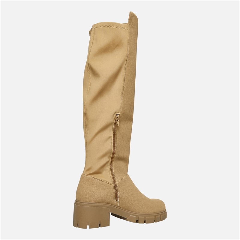 Womens Chunky Knee High Stretch Boots Stone - Image 5