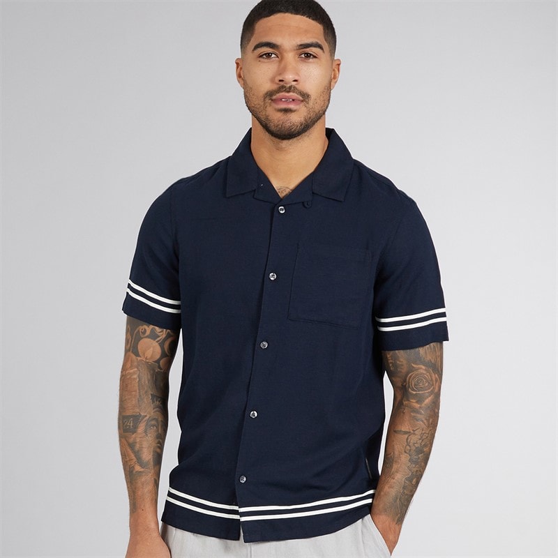 French Connection Mens Short Sleeve Linen Stripe Trim Shirt Marine