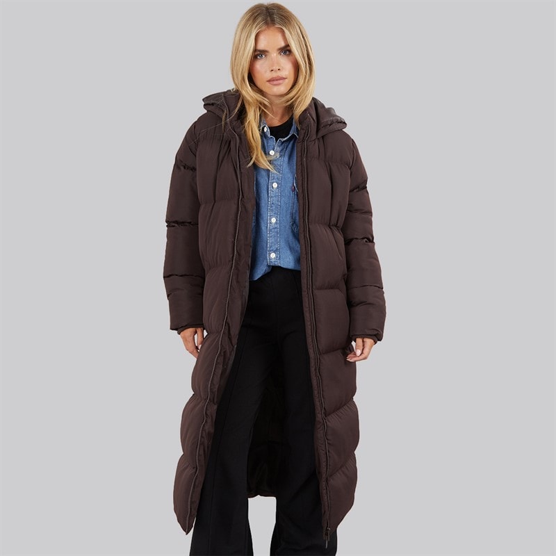 French Connection Womens Row Long Puffer Coat Chocolate