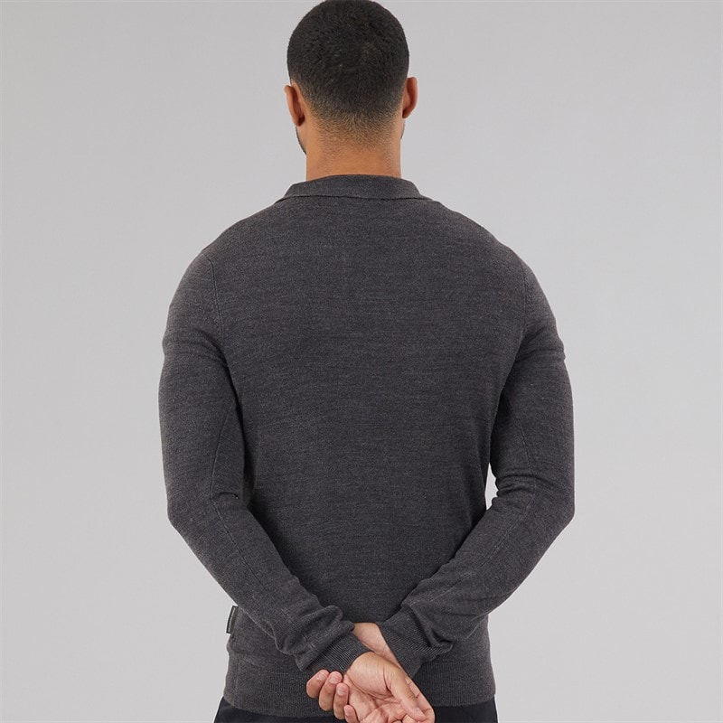 Mens Cash Long Sleeve Polo Shirt Charcoal Melange - Image 2
