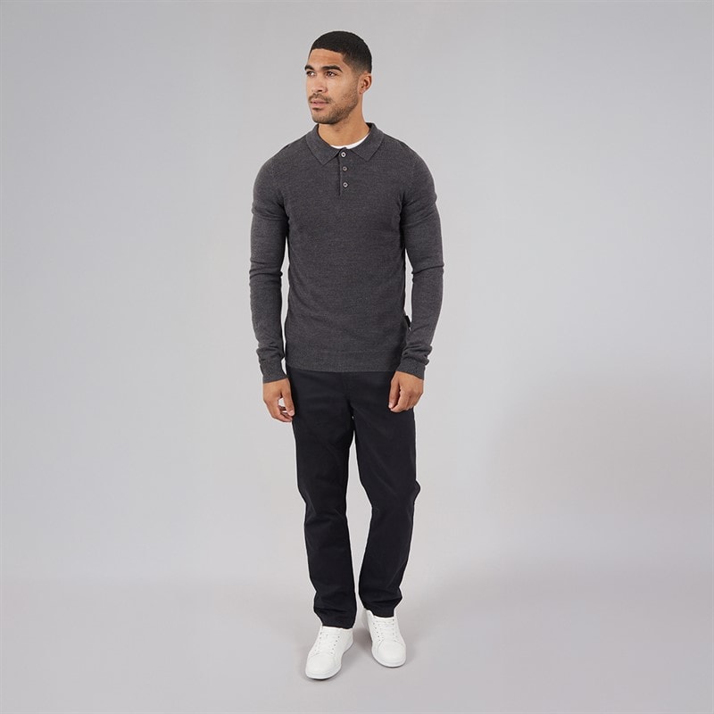Mens Cash Long Sleeve Polo Shirt Charcoal Melange - Image 3