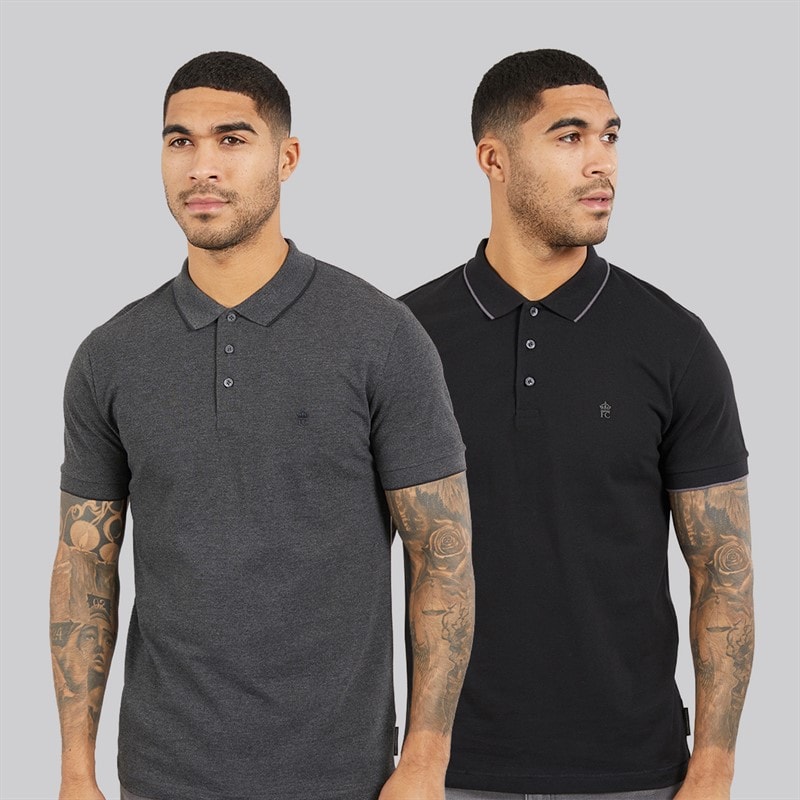 French Connection Mens Two Pack Tipped Pique Polo Shirts Multi 1 Black/Charcoal Mel