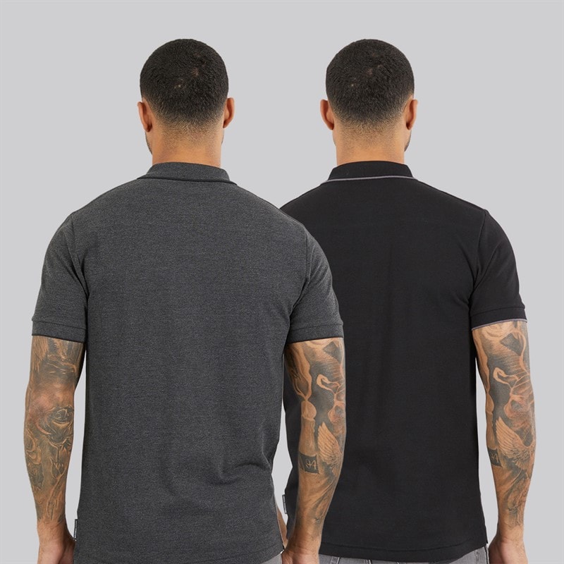 Mens Two Pack Tipped Pique Polo Shirts Multi 1 Black/Charcoal Mel - Image 2