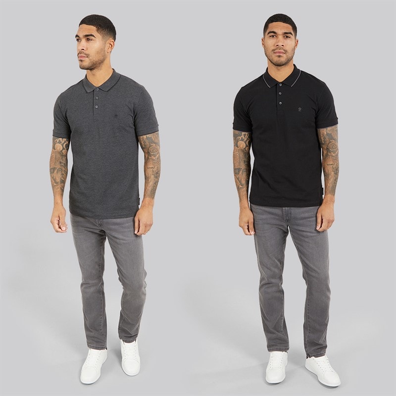 Mens Two Pack Tipped Pique Polo Shirts Multi 1 Black/Charcoal Mel - Image 3