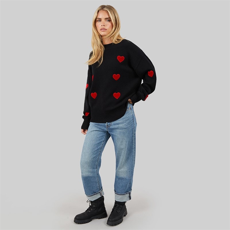 Womens Heart Appliq Crew Jumper Black/Lipstick Red - Image 4