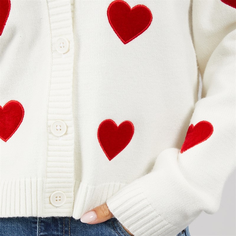 Womens Heart Appliqe Cardigan Winter White/Lipstick Red - Image 3